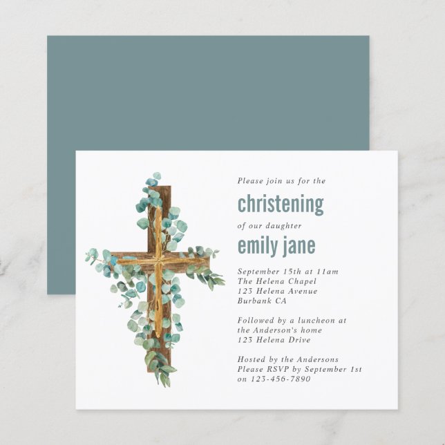 Budget Eucalyptus Cross Christening Invitation (Front/Back)