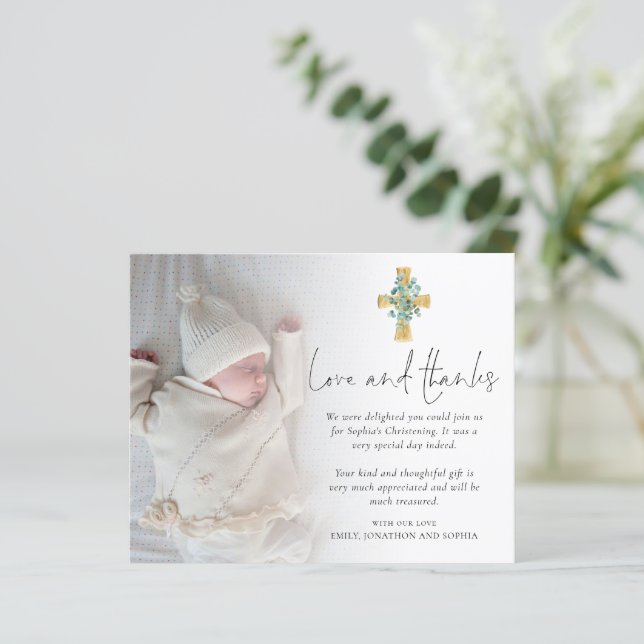 Budget Eucalyptus Cross Photo Christening Thanks (Standing Front)