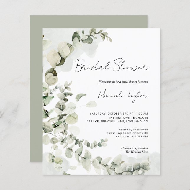 Budget Eucalyptus Elegant Bridal Shower Invitation (Front/Back)