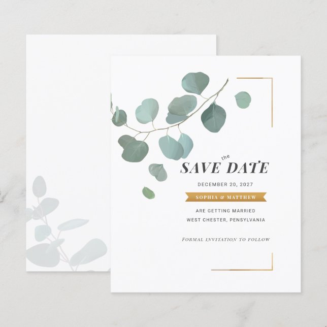 Budget Eucalyptus Faux Gold Frame Save The Date (Front/Back)