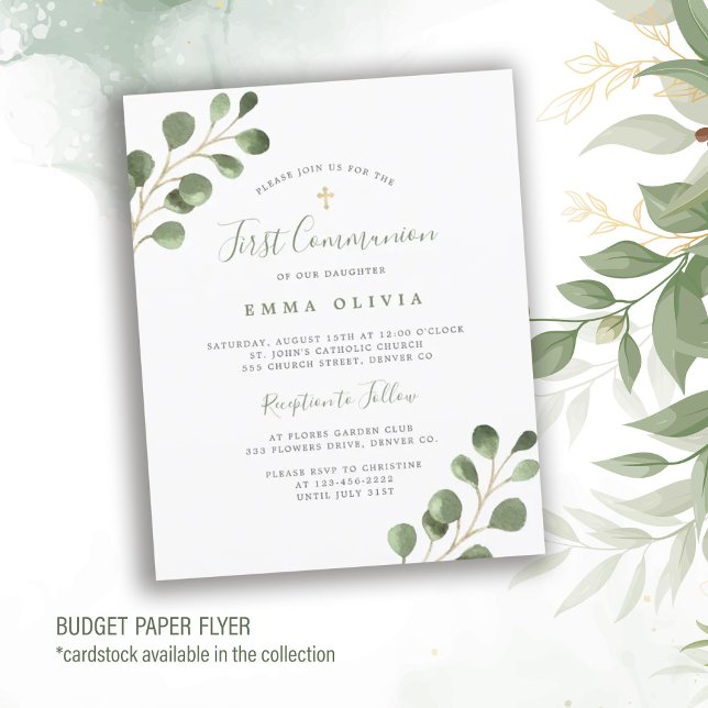 Budget eucalyptus First Holy Communion Invitation Flyer (Creator Uploaded)