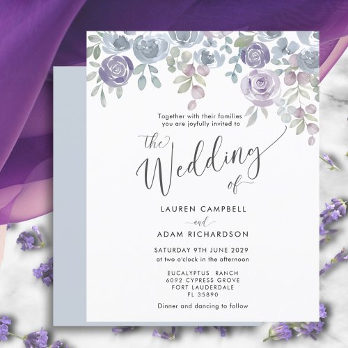 Budget Eucalyptus  Floral Purple Wedding Invite