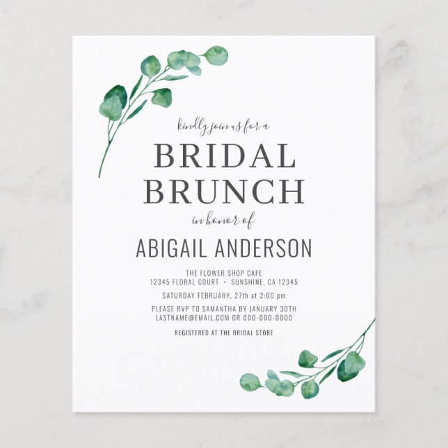Budget Eucalyptus Foliage Bridal Brunch Invitation (Front)