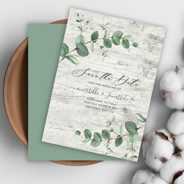budget eucalyptus foliage white wood Save The Date Note Card (Creator Uploaded)