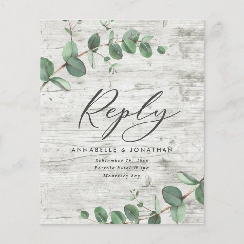 budget eucalyptus foliage white wood wedding RSVP 