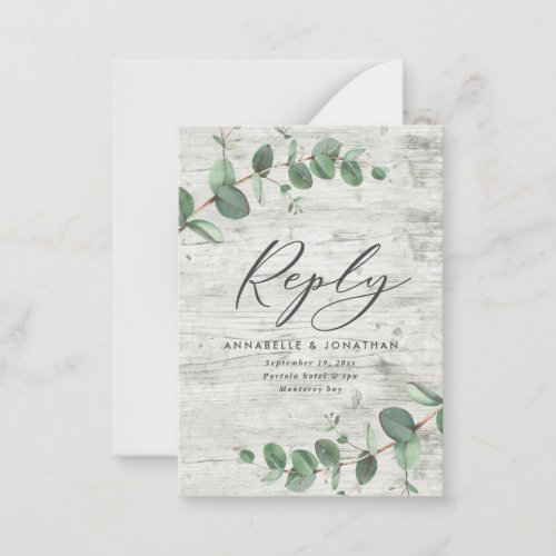 budget eucalyptus foliage white wood wedding RSVP  Note Card