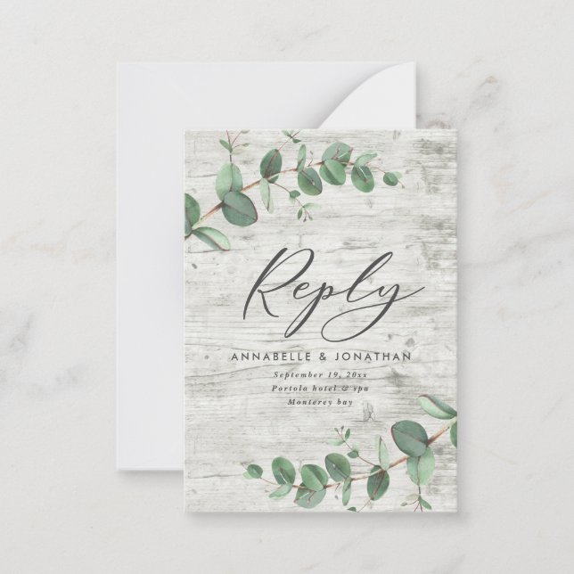 budget eucalyptus foliage white wood wedding RSVP  Note Card (Front)