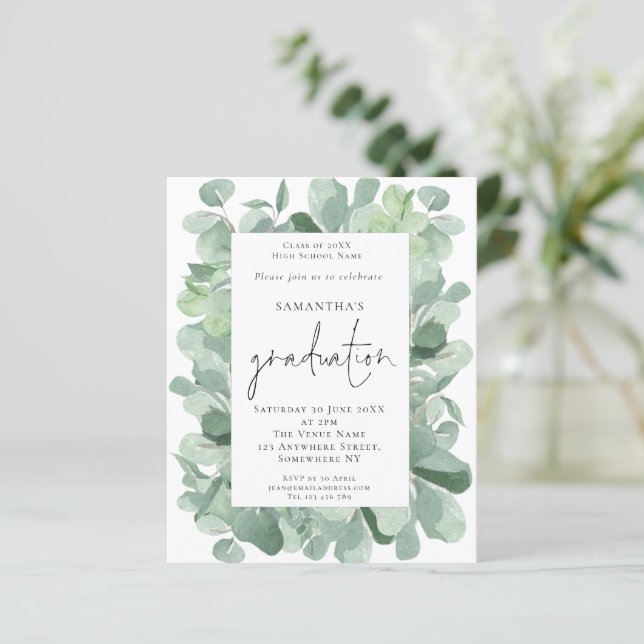 Budget Eucalyptus Frame Photo Grad Party Invite (Standing Front)