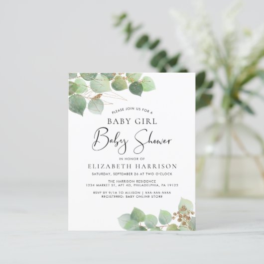 Budget Eucalyptus Girl Baby Shower Invitation (Standing Front)