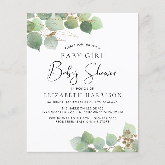 Budget Eucalyptus Girl Baby Shower Invitation (Front)