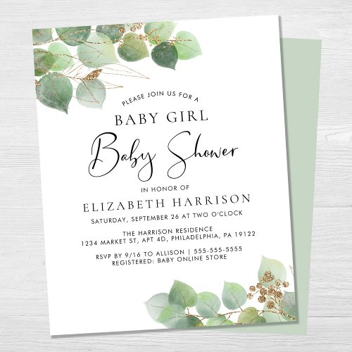 Budget Eucalyptus Girl Baby Shower Invitation