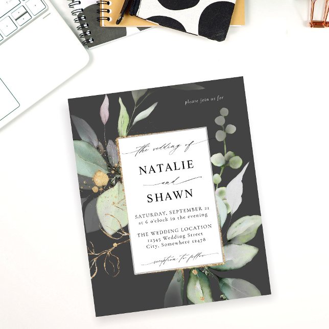 Budget Eucalyptus Glow Gold Greenery Wedding Gray Flyer (Creator Uploaded)