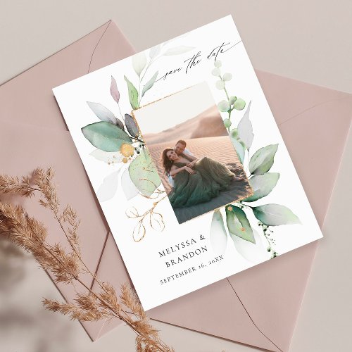 Budget Eucalyptus Glow Vertica Photo Save the Date Flyer