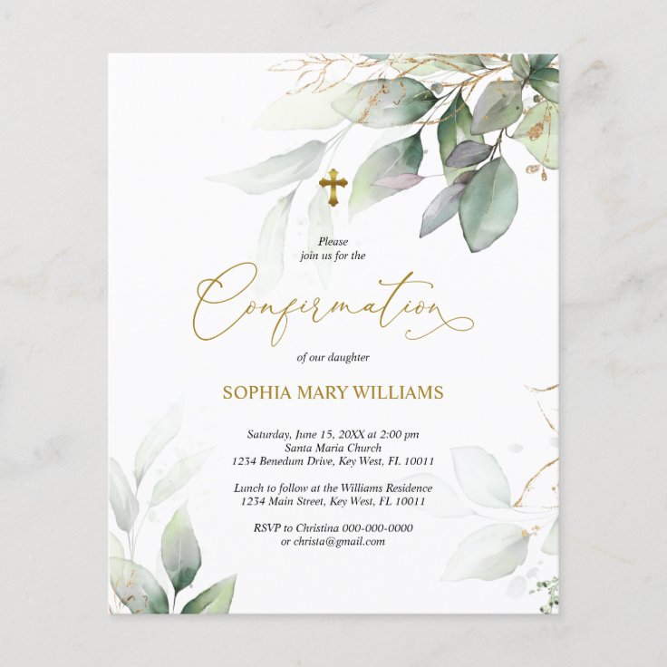 Budget Eucalyptus & Gold Confirmation Invitation | Zazzle