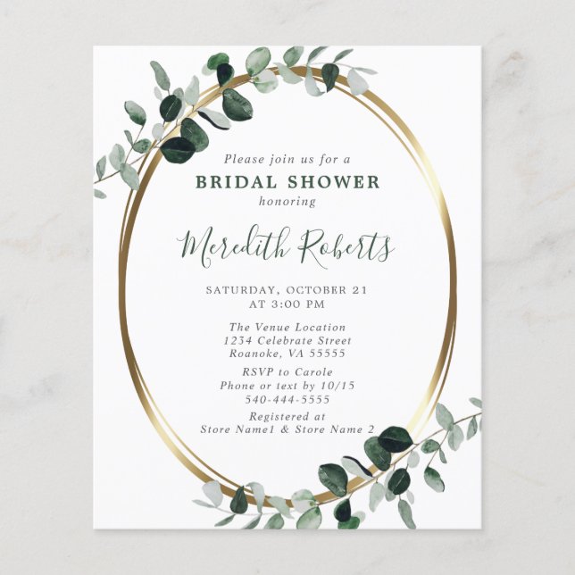 Budget Eucalyptus Gold Foil Bridal Shower Invite (Front)
