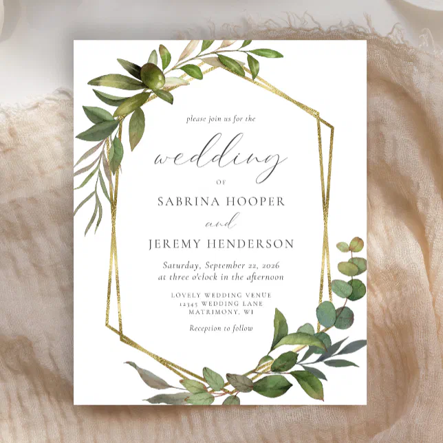 Budget Eucalyptus Gold Frame Wedding Invitation | Zazzle