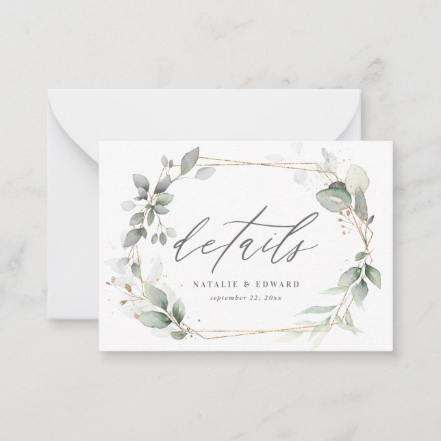 budget eucalyptus gold geometric wedding details  note card (Front)