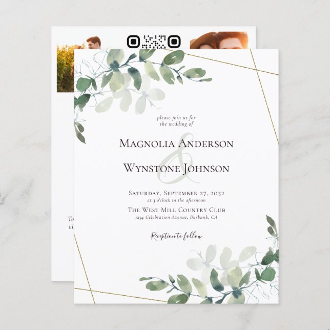 Budget Eucalyptus Gold Photo Wedding Invitation (Front/Back)