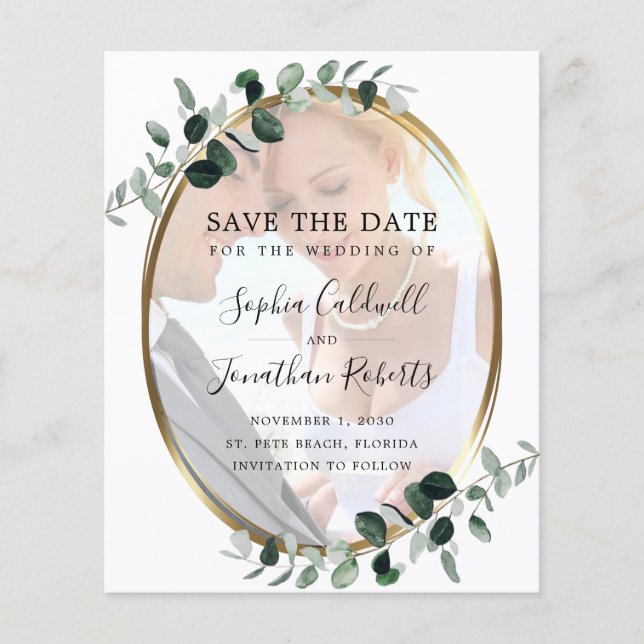 Budget Eucalyptus Gold Photo Wedding Save the Date (Front)