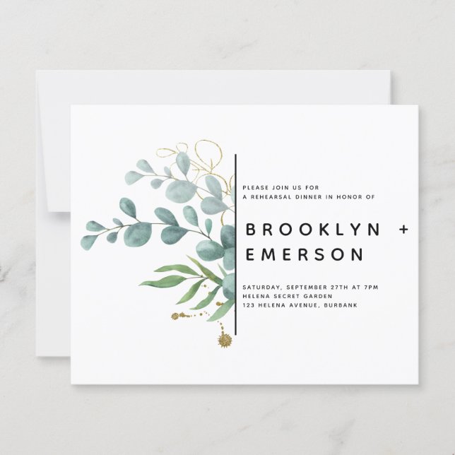 BUDGET Eucalyptus Gold Rehearsal Dinner Invitation (Front)