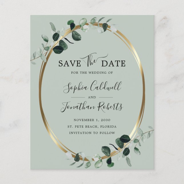 Budget Eucalyptus Gold Sage Wedding Save the Date (Front)
