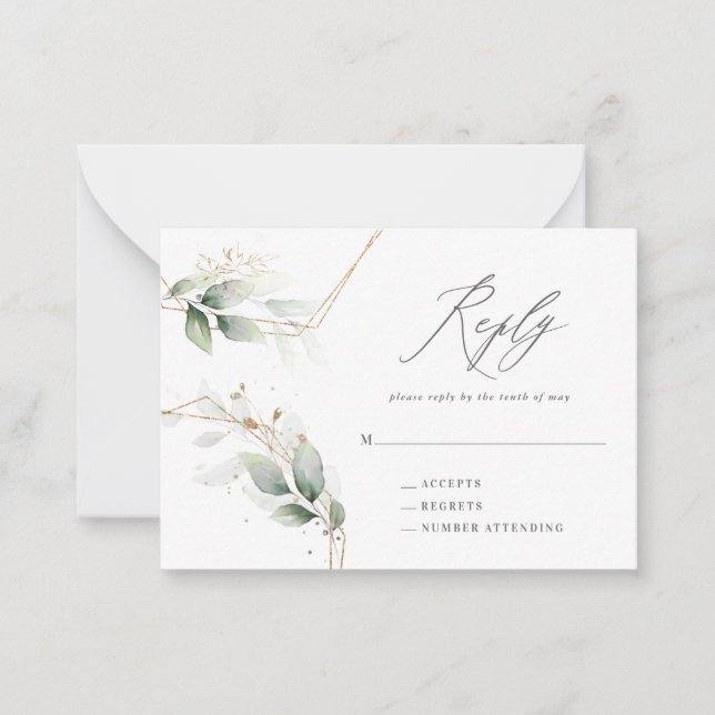 budget eucalyptus gold wedding reply RSVP Note Card (Front)