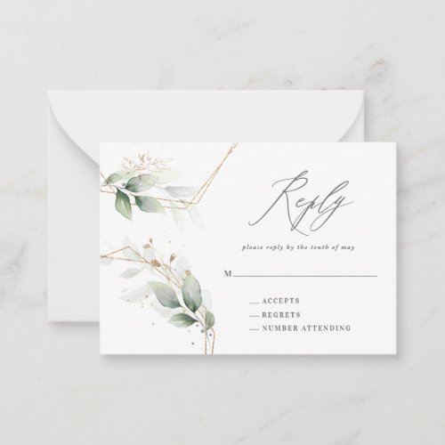 budget eucalyptus gold wedding reply RSVP Note Card