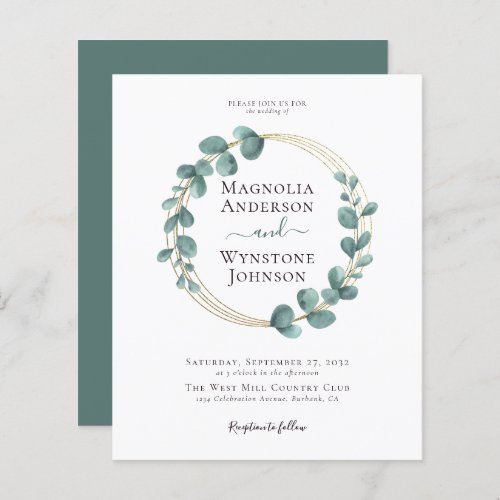 Budget Eucalyptus Gold Wreath Wedding Invitation