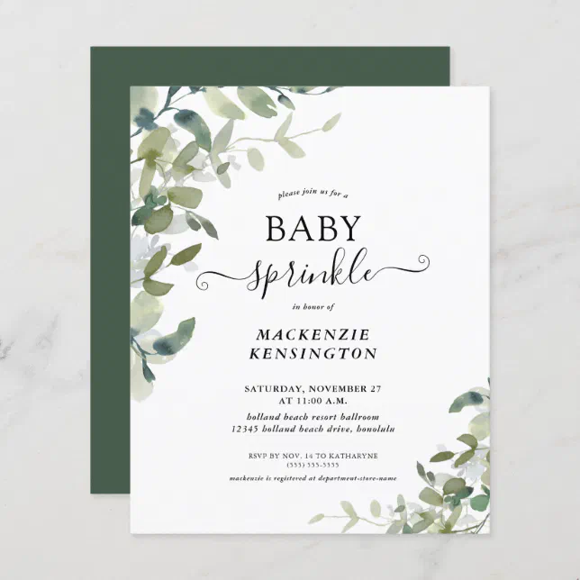 Budget Eucalyptus Green Baby Sprinkle Invitation | Zazzle