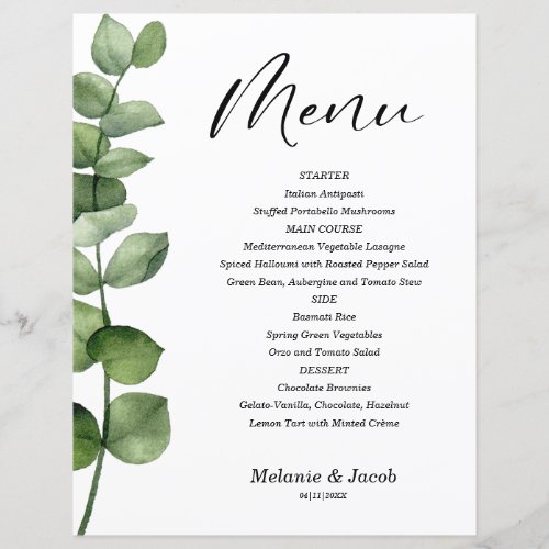 Budget Eucalyptus Green Leaves Flat Menu Card