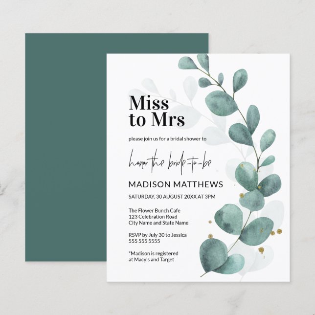 Budget Eucalyptus Green Miss to Mrs Bridal Shower (Front/Back)