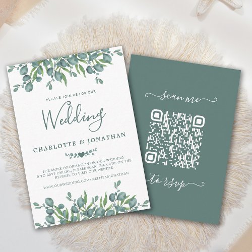 Budget Eucalyptus Green QR Code Wedding Invitation
