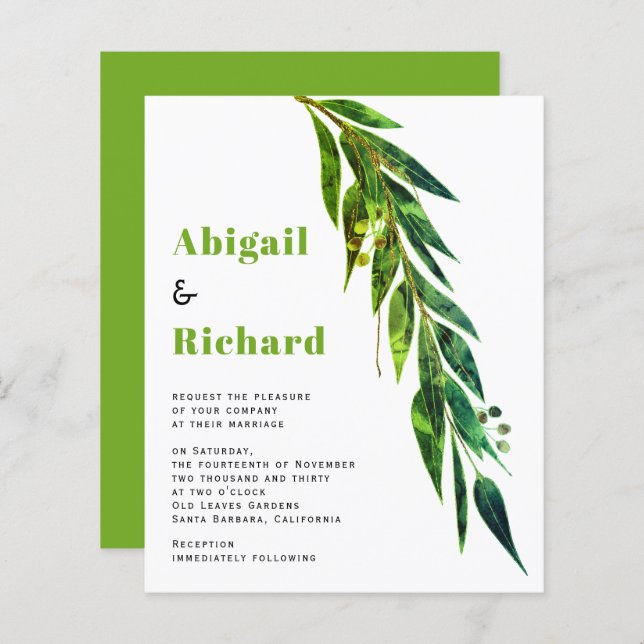 BUDGET eucalyptus green tones wedding invitation (Front/Back)