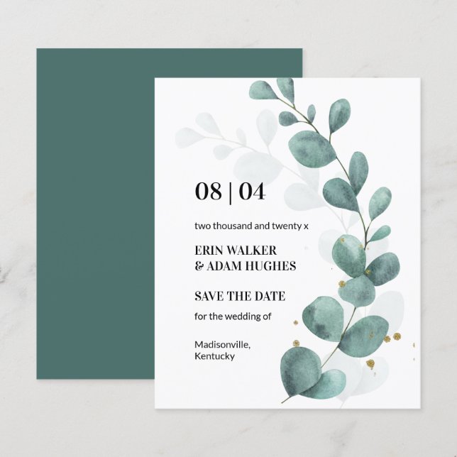 Budget Eucalyptus Green Watercolor Save the Date (Front/Back)