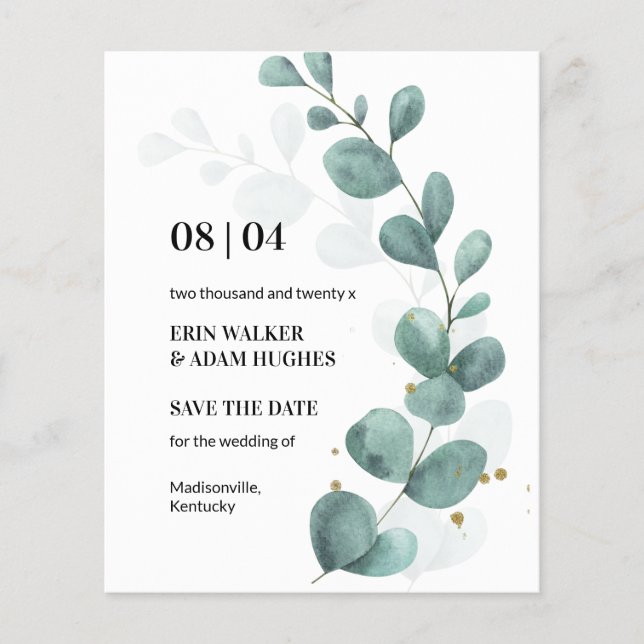 Budget Eucalyptus Green Watercolor Save the Date (Front)
