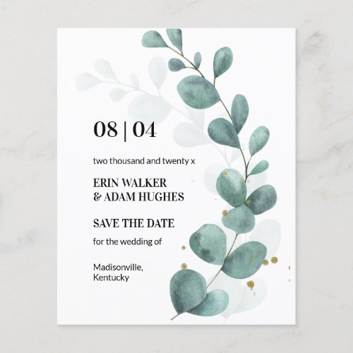 Budget Eucalyptus Green Watercolor Save the Date Flyer
