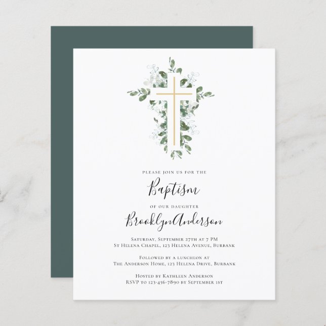 Budget Eucalyptus Greenery Baptism Invitation (Front/Back)