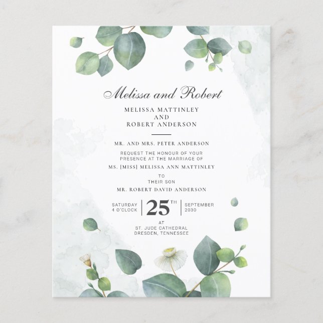 Budget Eucalyptus Greenery Botanical Wedding (Front)