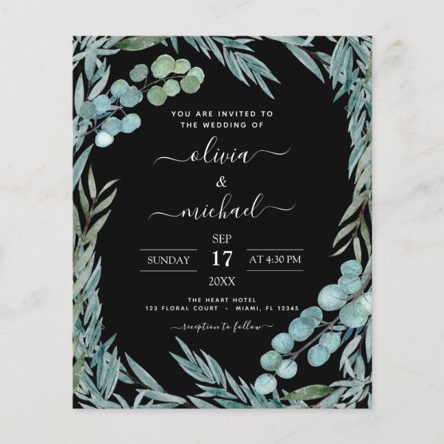 Budget Eucalyptus Greenery Botanical Wedding Flyer (Front)