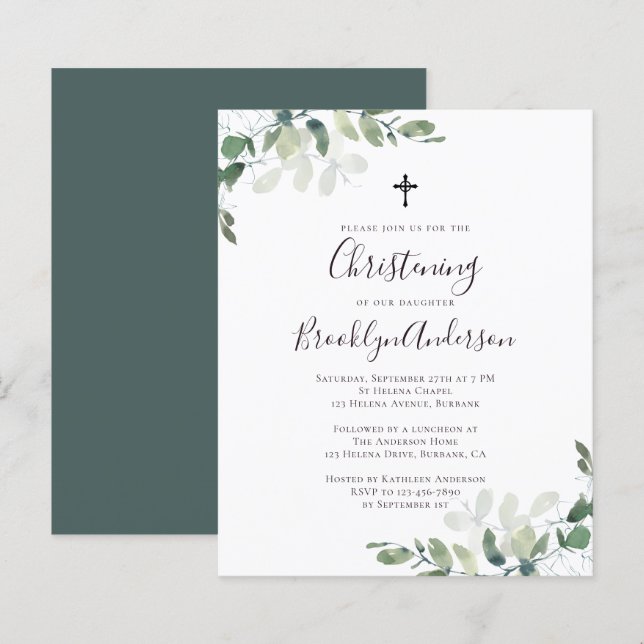 Budget Eucalyptus Greenery Christening Invitation (Front/Back)