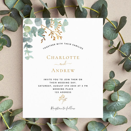 Budget Eucalyptus greenery gold wedding invitation | Zazzle