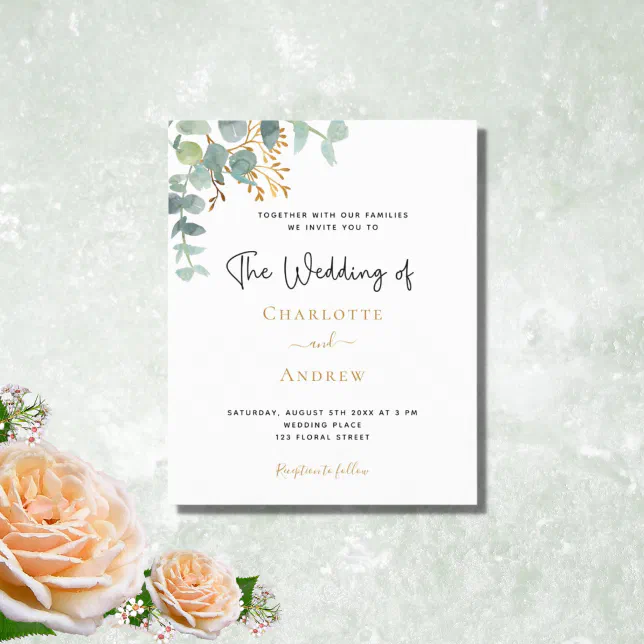 Budget eucalyptus greenery gold wedding invitation | Zazzle