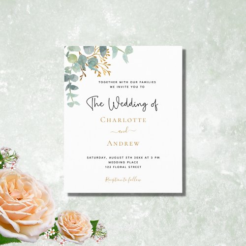Budget eucalyptus greenery gold wedding invitation
