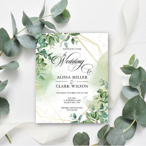 BUDGET Eucalyptus Greenery Gold Wedding Invitation