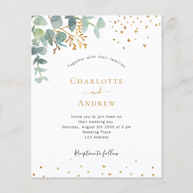 Budget eucalyptus greenery gold wedding invitation (Front)