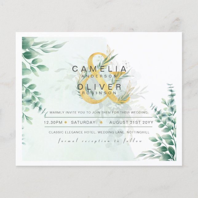 BUDGET Eucalyptus Greenery Gold Wedding QR CODE IN Flyer (Front)