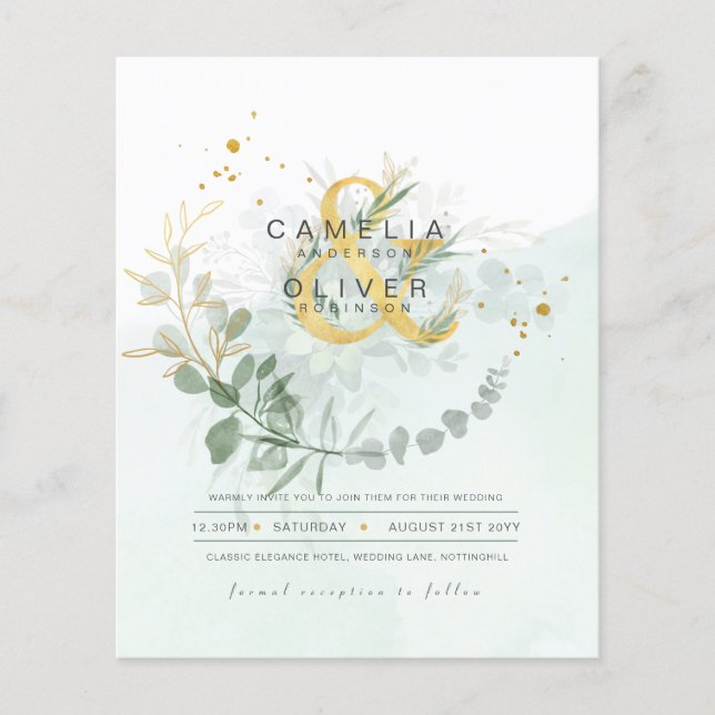 BUDGET Eucalyptus Greenery Gold Wedding QR CODE IN Flyer (Front)