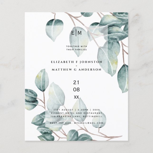 Budget Eucalyptus Greenery Leaves Wedding Invites (Front)