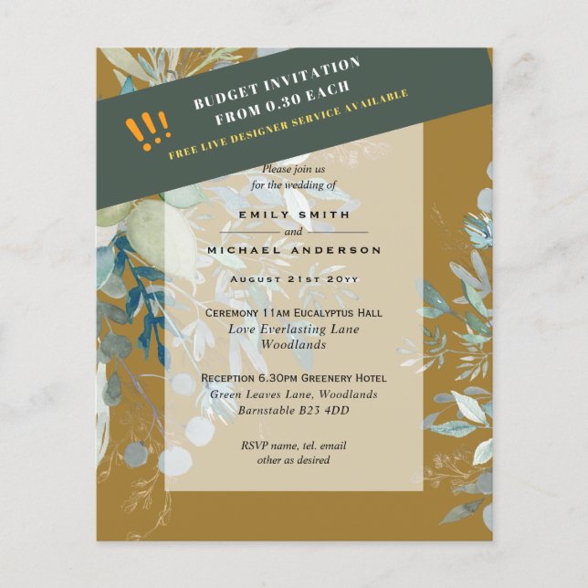 BUDGET EUCALYPTUS Greenery Leaves Wedding INVITES  Flyer (Front)