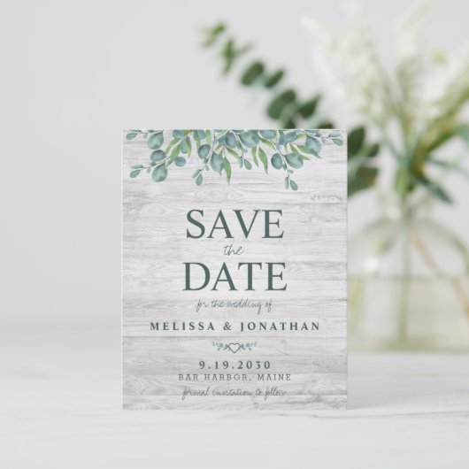 Budget Eucalyptus Greenery Save The Date Postcard (Standing Front)